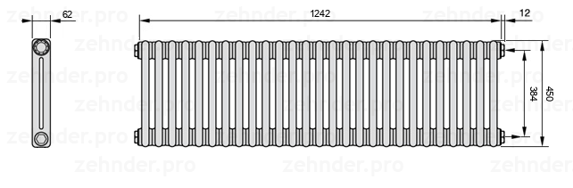 Схема (чертеж) Радиатор Zehnder Charleston 2045/27 №7610 Белый глянцевый RAL 9016